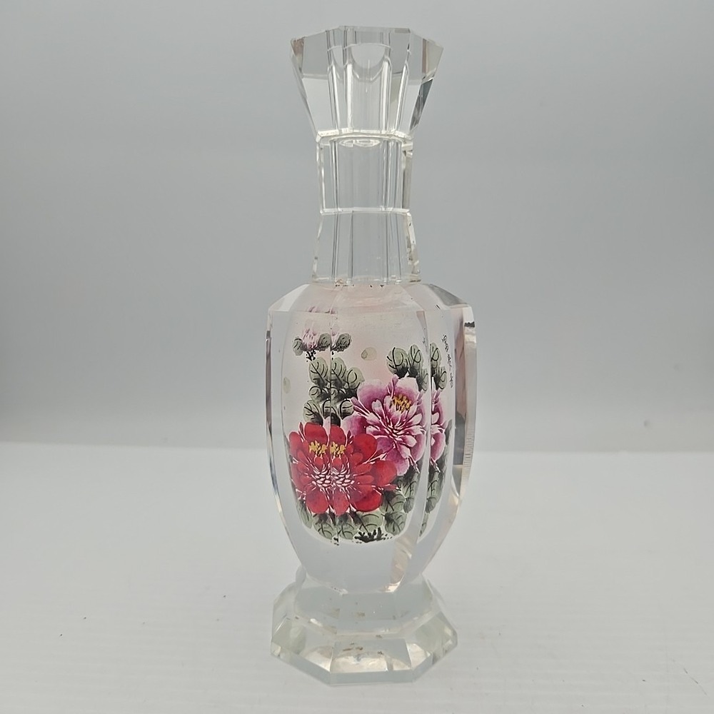 Vintage Chinese Glass Vase‎ Crystal Clear Hand Painted Inside Peony Flower Asian